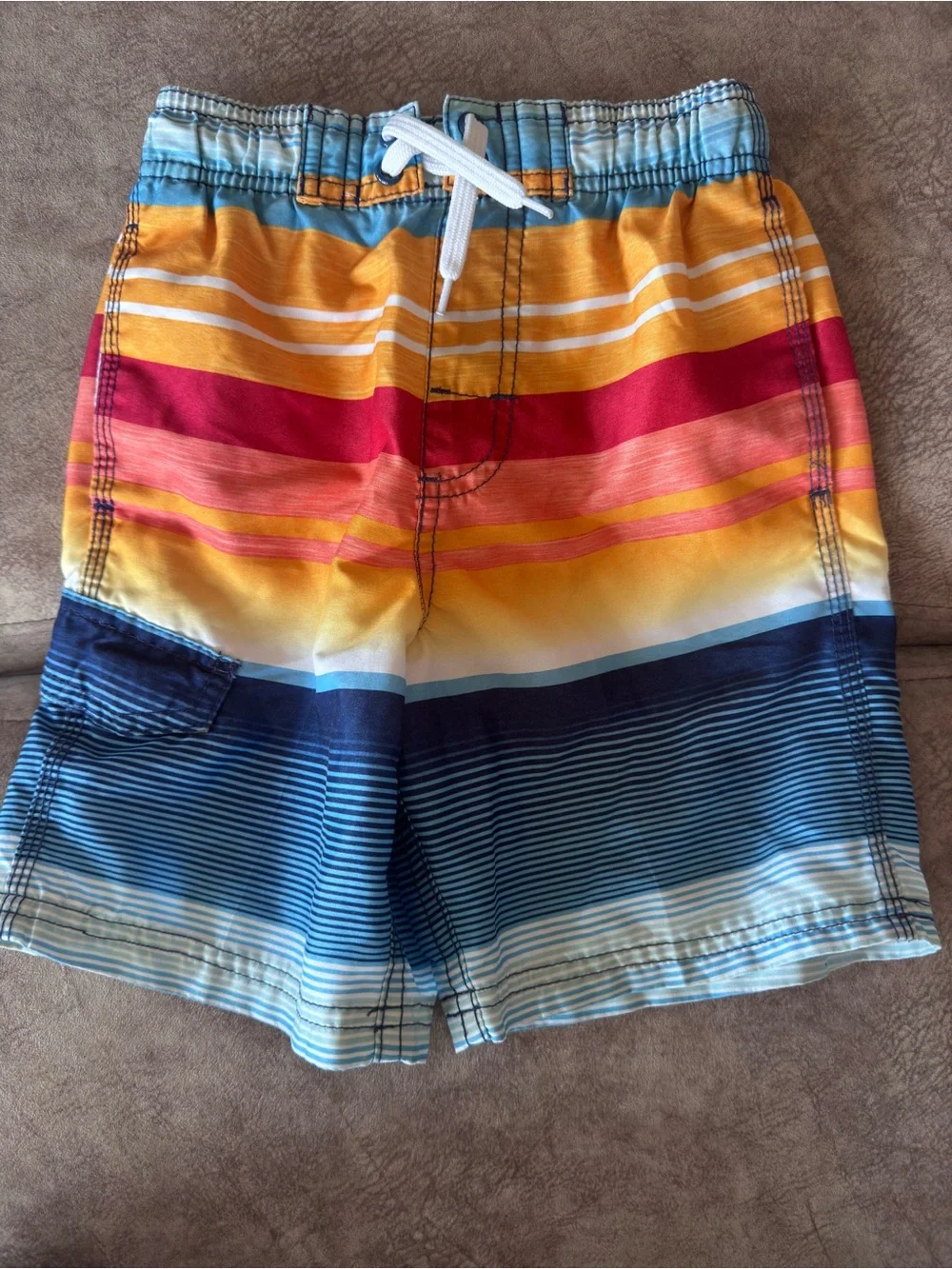Kanu Surf Boys' Striped Swim Trunks in Teal, Black & Yellow
